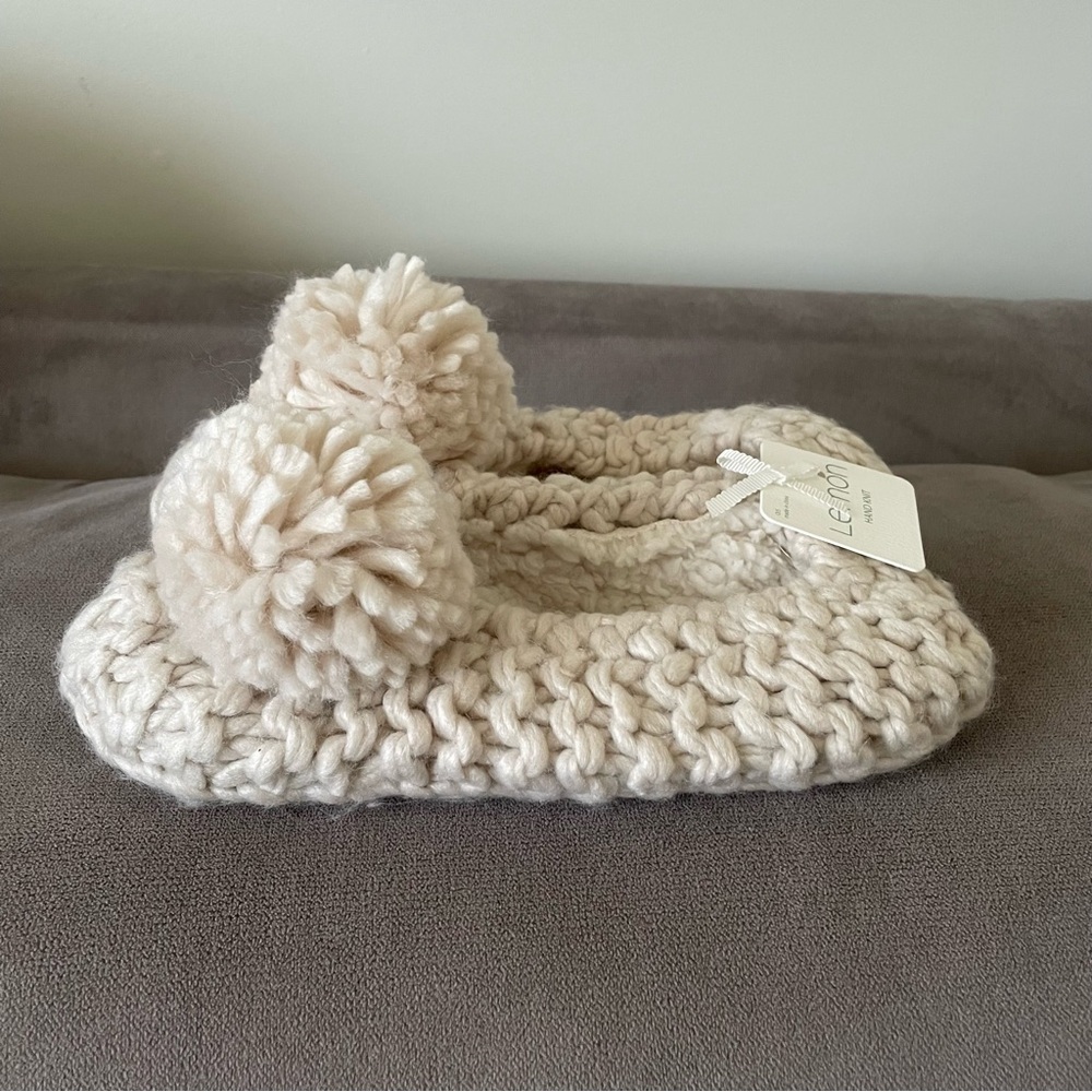 Beige Hand Knit Slippers with Pom Poms - Picture 3 of 7